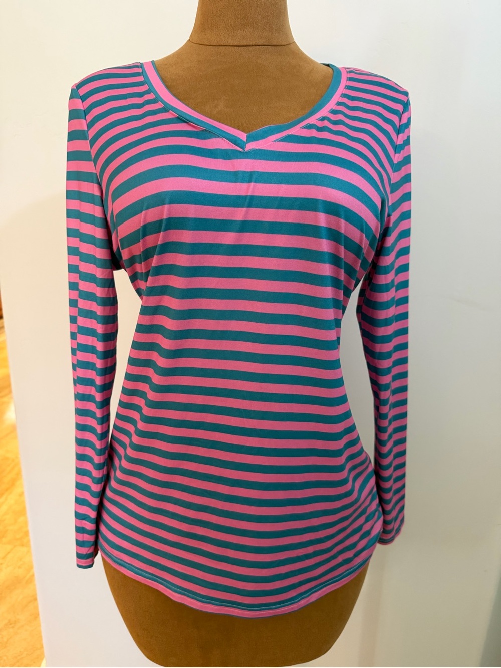 Zeagoo Striped Long-Sleeve V-Neck Top in Pink and Teal